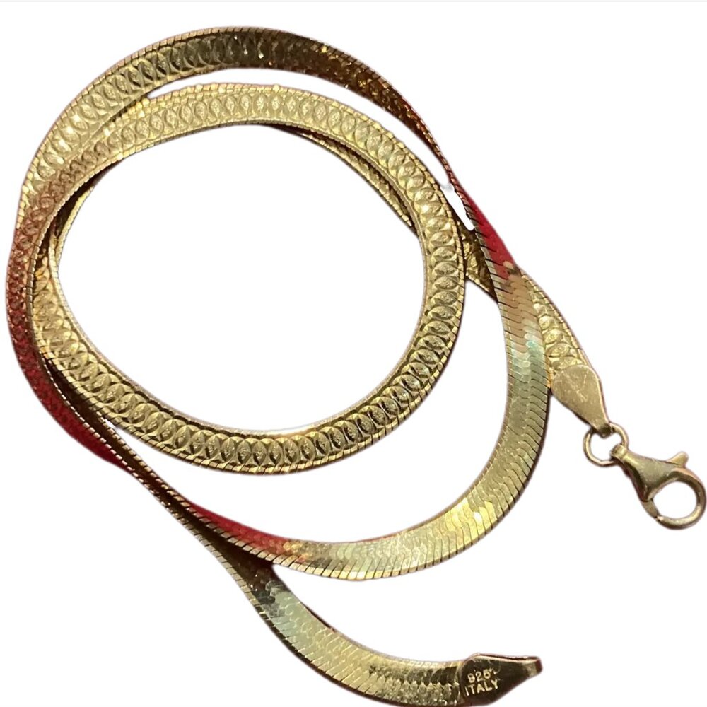 Gold Plated, Solid, Sterling Silver Herringbone Chain Necklace, 18" Long